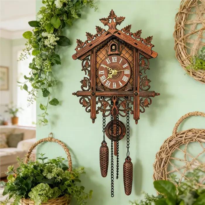 Horloge murale vintage en bois, fonctionnant à piles, avec carillons horaires rétro, décoration déco