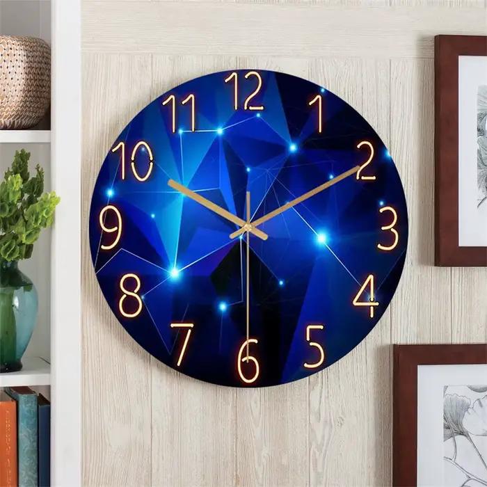 Horloge murale 12 pouces, éléments géométriques, bleu foncé, verre trempé épais, mouvement silencieu