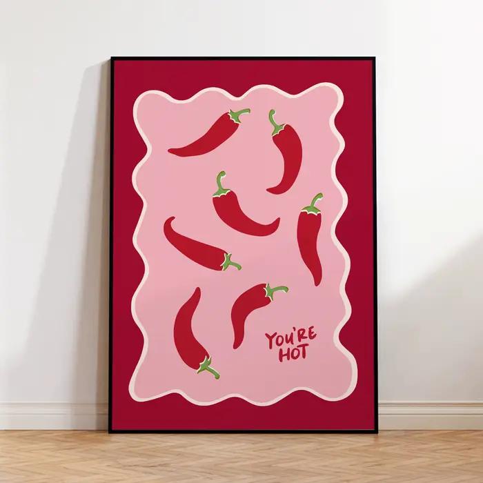 Chili Print You're Hot Wall Art, affiche rétro Chilli Pepper, décor de cuisine mignon, impression ro