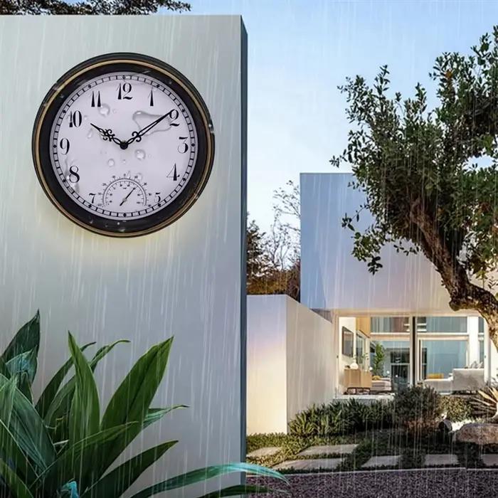 Horloge murale extérieure étanche avec thermomètre IP44 horloge de décoration de jardin ronde Vintag