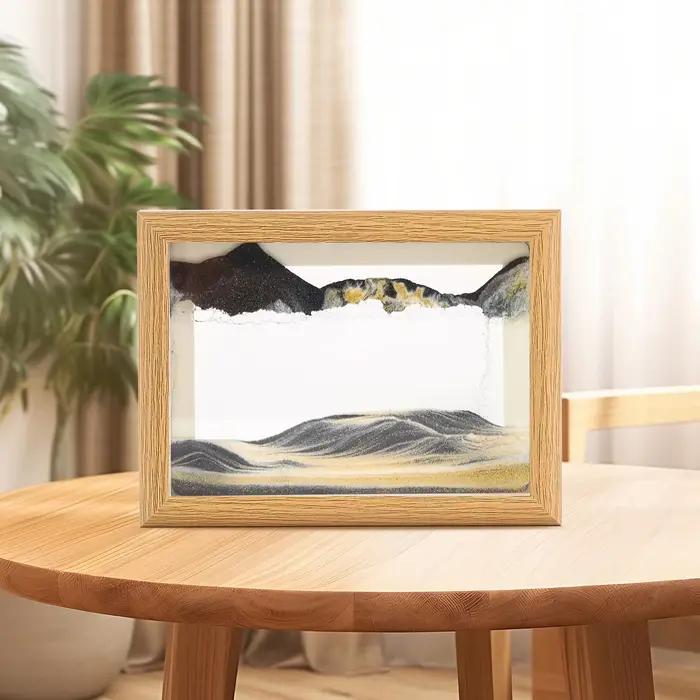 Cadre en bois paysage de sable en mouvement, image d'art de sable mouvant, sablier 3D carré coulant,