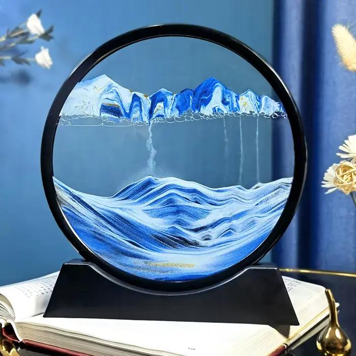 Tableau d'art de sable mobile 3D de 12 pouces, verre rond, paysage de sable océan, sablier, artisana