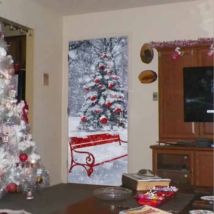 Autocollant mural de décoration de noël en PVC, imperméable, pour porte d'arbre de noël, affiche aut