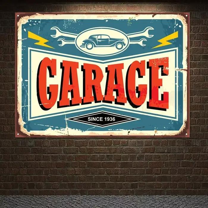Tapisserie Affiche Vintage GARAGE SINCE 1936, Service Automobile, Bannière Atelier de Réparation Aut