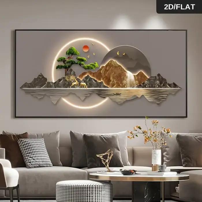 Une peinture à l'huile abstraite moderne - représentant un paysage paisible de pinus, de montagnes e