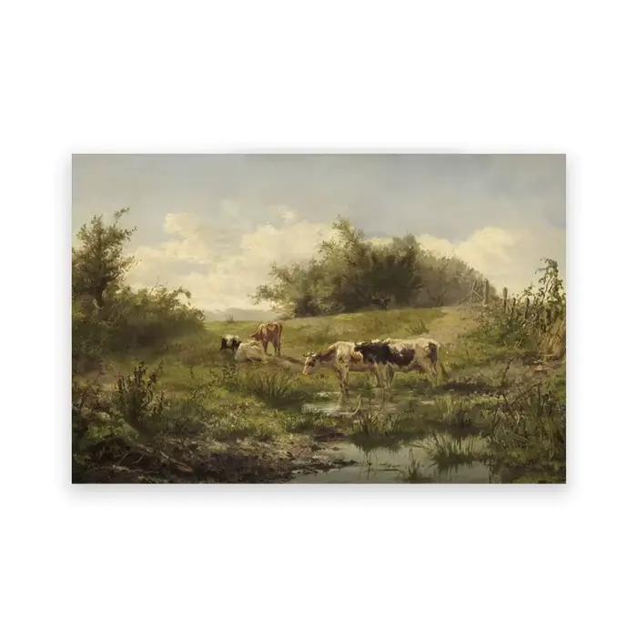 Toile de peinture à l'huile de vache prairie, affiche Vintage de paysage campagnard, images murales 
