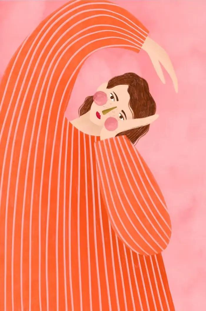 Affiche d'illustration de Portrait de femmes minimaliste, moderne, rayé coloré, dessin animé fille, 