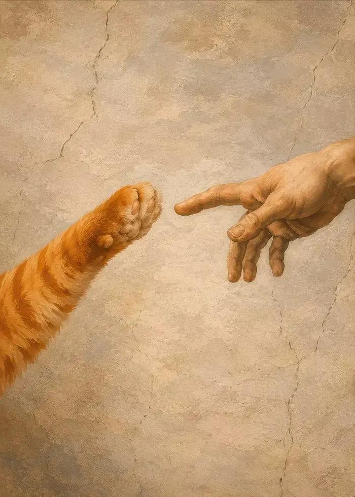 Affiche sur toile « La création d'Adam avec une patte de chat et de chien », impression d'affiche te