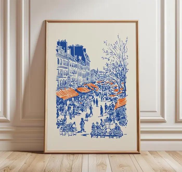 Affiche d'art linéaire Café de Paris, Décoration murale Bistro français, Dessin minimaliste de Paris
