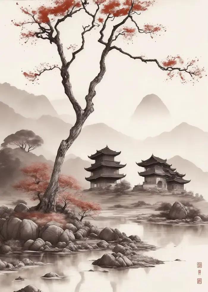 Affiche Vintage Asiatique Peinture de Paysage à l'Encre de Chine, Impression sur Toile pour Entrée d