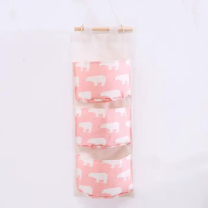 Sac de rangement mural suspendu à trois poches, sac de rangement en coton et lin pour chambre à couc