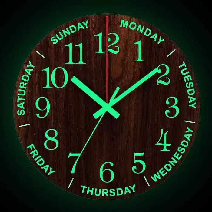 Horloge murale lumineuse 12 pouces en bois, silencieuse, sans tic-tac, pour cuisine, avec veilleuses
