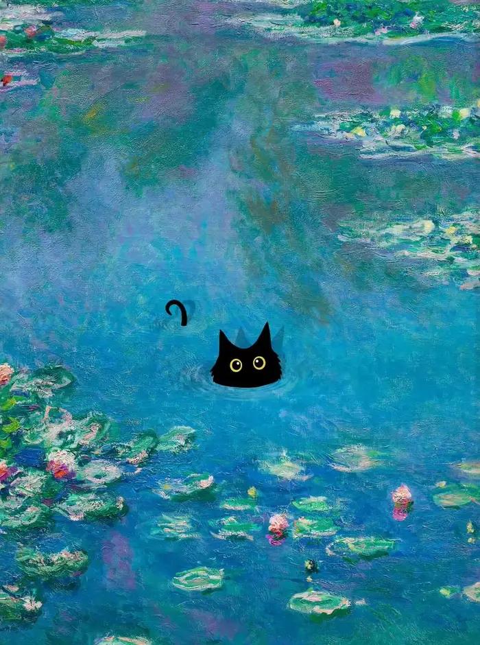 Chat noir drôle et mignon de Claude Monet, art mural animalier, affiche imprimée sur toile HD, décor