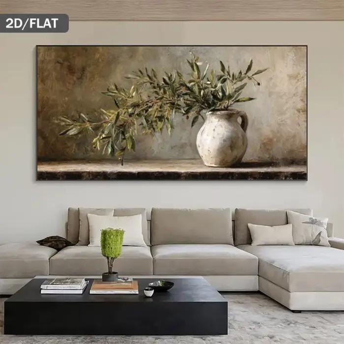 Branche d'olivier moderne sans cadre dans un pot blanc, mur d'olivier vert olive beige marron, affic