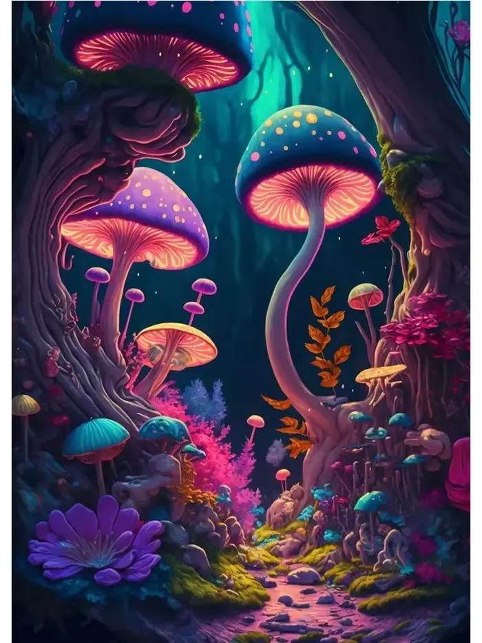 Peinture sur toile colorée, Art mural abstrait, champignons psychédéliques, affiche de forêt enchant