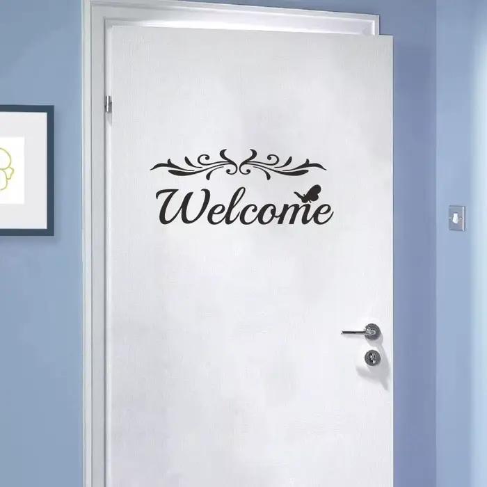 Autocollant de porte de bienvenue alphabet anglais, stickers muraux, papier peint, fleur, vigne, sal