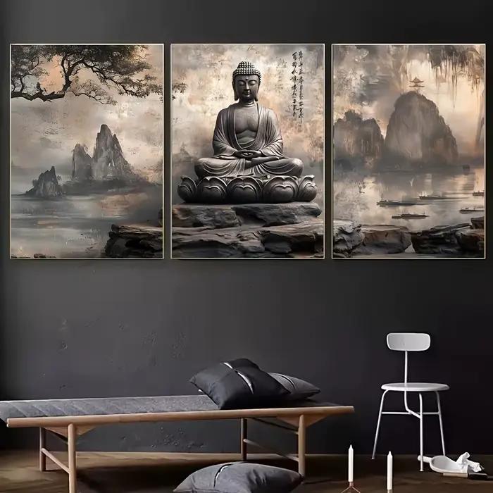 3 tableaux sur toile de méditation bouddhiste de style asiatique, adaptés à la décoration de salle d