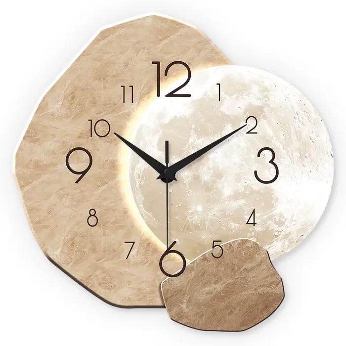 Horloge murale moderne simple et silencieuse, design lunaire – Mouvement à quartz, matériau en bois,