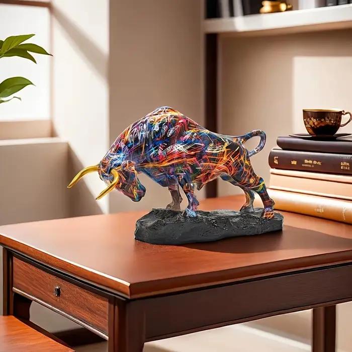 Statue de taureau en bronze élégante - Art en résine coloré inspiré de Wall Street