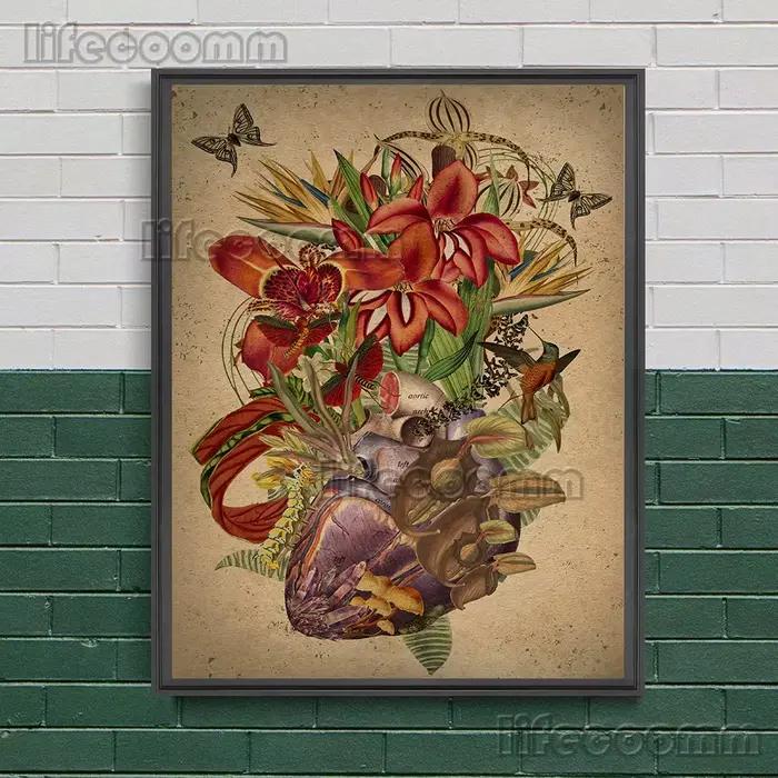 Coeur plein de fleurs, peinture sur toile d'art mural abstrait