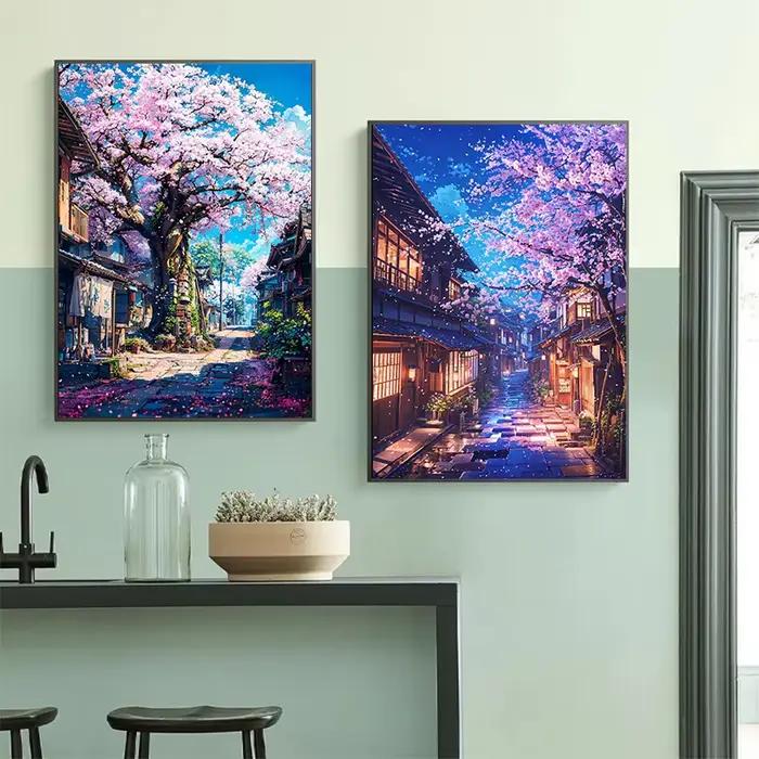 Affiche de Village de fleurs de cerisier japonais