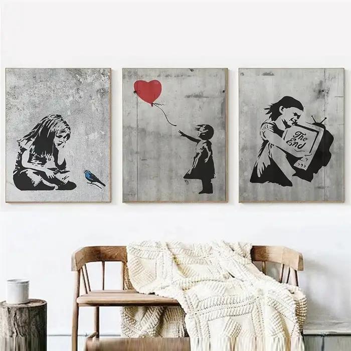 Banksy Graffiti œuvre toile peinture imprime mur Art photos fille avec ballon rouge noir blanc affiches nordique décor à la maison