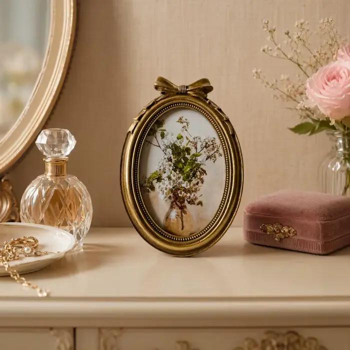 Cadre photo vintage doré, rond, ovale, arqué, rétro, pour accrocher au mur, à poser sur table, décoration intérieure