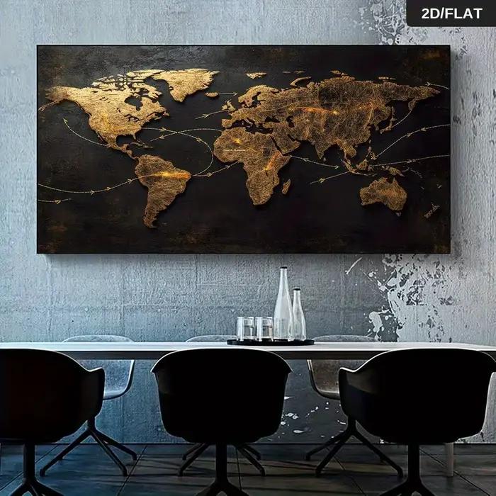 Une peinture murale abstraite moderne de carte du monde dorée avec des flèches de liaison