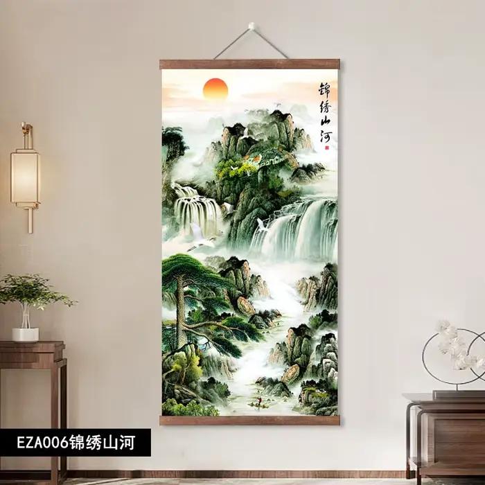 Collection de peintures murales chinoises sur rouleau ; Soleil levant ; Qi violet venant de l'Est ; Eau courante apportant la richesse ; Décoration murale