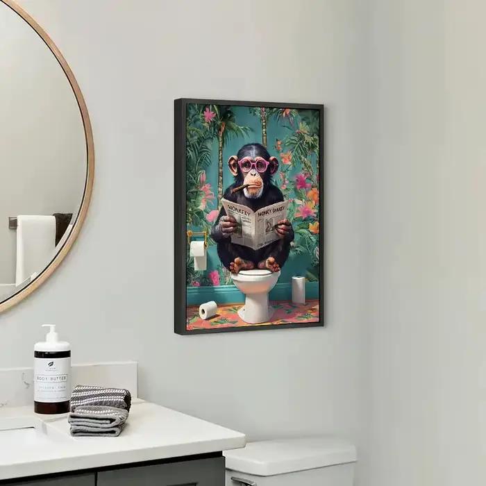 Toile murale amusante de lecture de journaux de gorille sur les toilettes