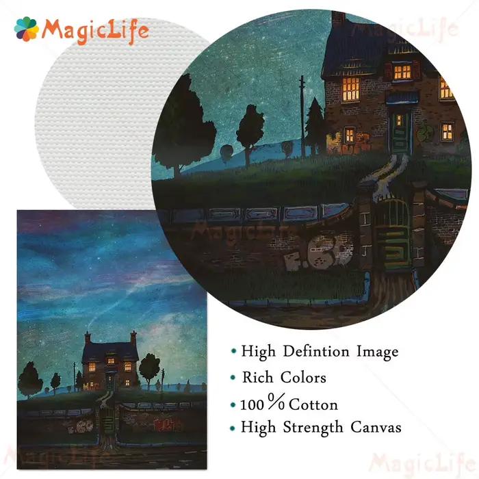 Affiches de lune de maison de paysage de nuit étoilée de dessin animé