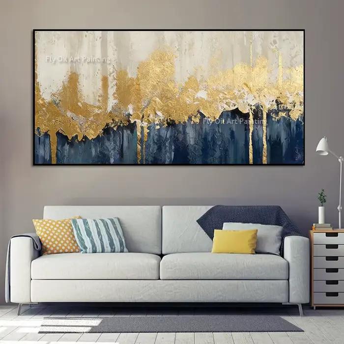 Toile moderne peinte à la main en feuille d'or bleue et Beige