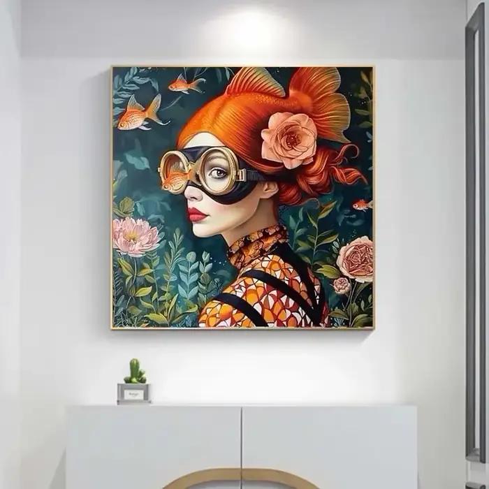Surréalisme femme Portrait toile peinture mur Art affiche merveilleux fantaisie poisson et fille imprime pour salon décor à la maison
