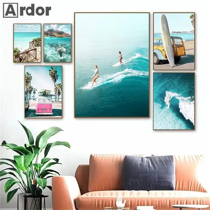 Affiche de mer nordique pour décoration de salon, impression d'art mural, peinture sur toile, plage d'été, surf, natation, bus, planche de surf