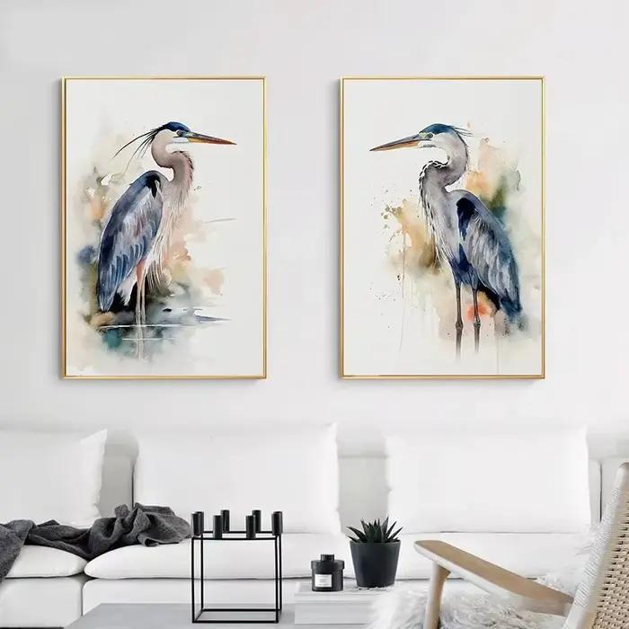 Toile d'art mural aquarelle oiseau, peinture Heron Robin Chickadee, affiche d'oiseau naturel pour salon, décoration de maison neutre, cadeau