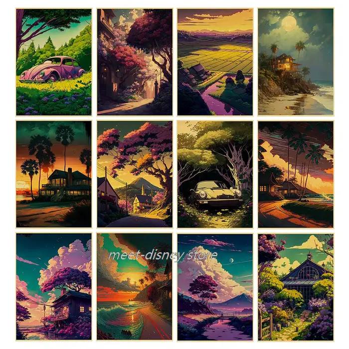 Affiche de paysage de crépuscule de forêt de bord de mer