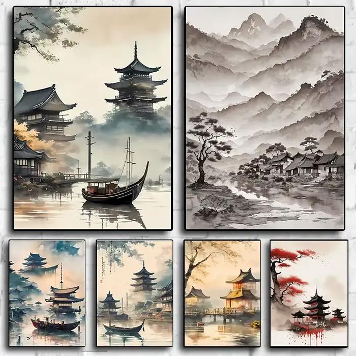 Affiche Vintage Asiatique Peinture de Paysage à l'Encre de Chine