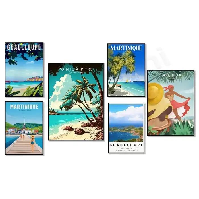 Affiche de voyage Guadeloupe Plages Mer des Caraïbes Martinique Indies Occidentales Vacances Art