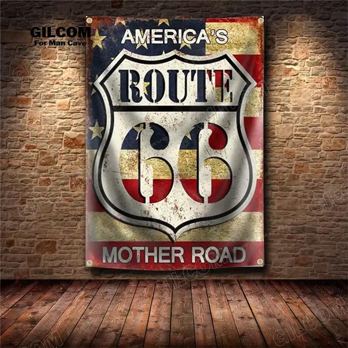 America's Route 66 US Mother Road rétro bannière drapeau affiche mur Art décoration AD Vintage signe homme grotte Garage Pub Club Bar