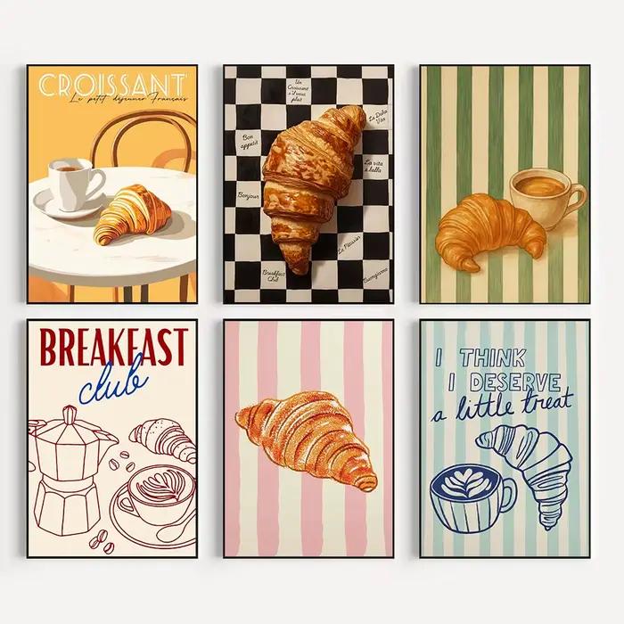 Style rétro Croissant & café petit déjeuner français cuisine nourriture affiche toile peinture mur Art photos maison