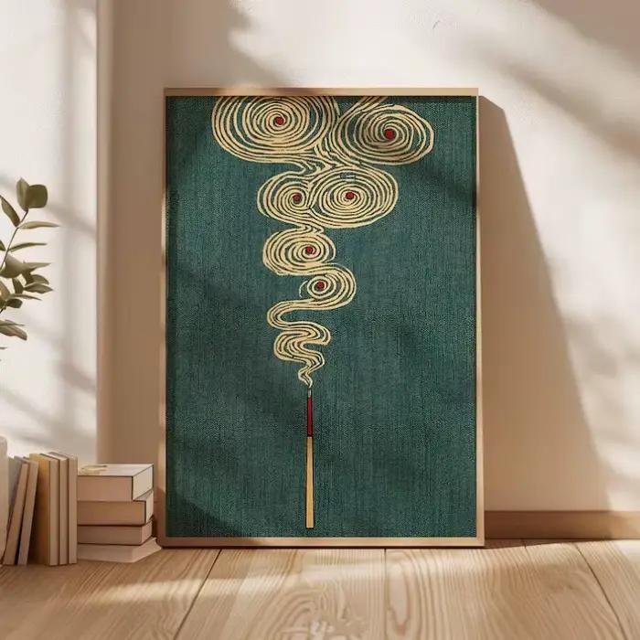 Affiche de paysage Oriental Vintage, soleil et vagues, encens japonais, grue cornée rouge, peinture sur toile, tableau d'art mural, décoration de maison