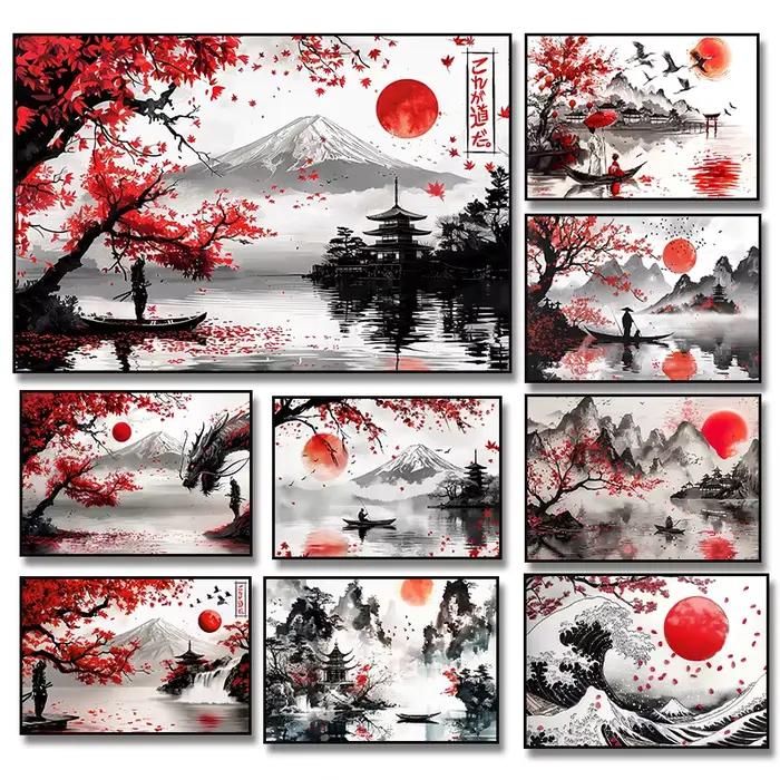 Affiche de peinture à l'encre de paysage japonais