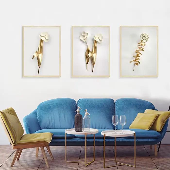 Faux cadre 3D or blanc fleur autocollant Mural salon canapé fond décoration papier peint pour chambre décor amovible