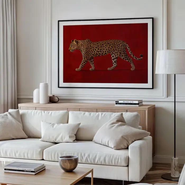 Peinture à l'huile Léopard Rouge - Affiche encadrée