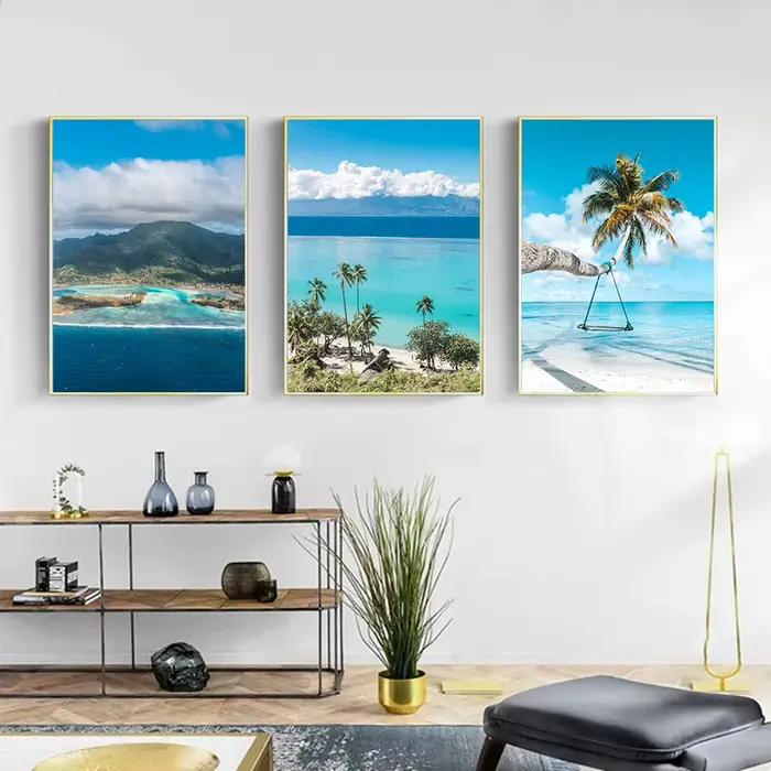 Affiche de paysage marin nordique moderne bleu ciel mer plage océan vue toile peinture impression mur Art photos pour salon décor à la maison