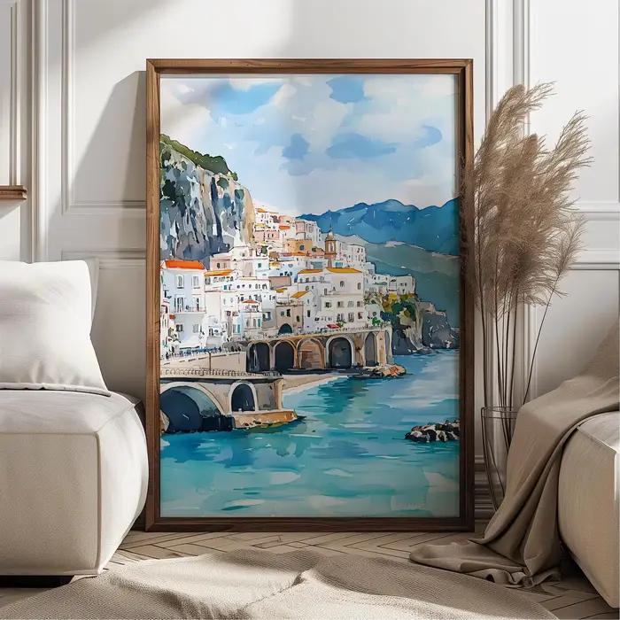 Aquarelle Amalfi Coast Italie Art Print, décoration murale de paysage côtier brillant, illustration de ville de bord de mer italienne, T méditerranéen