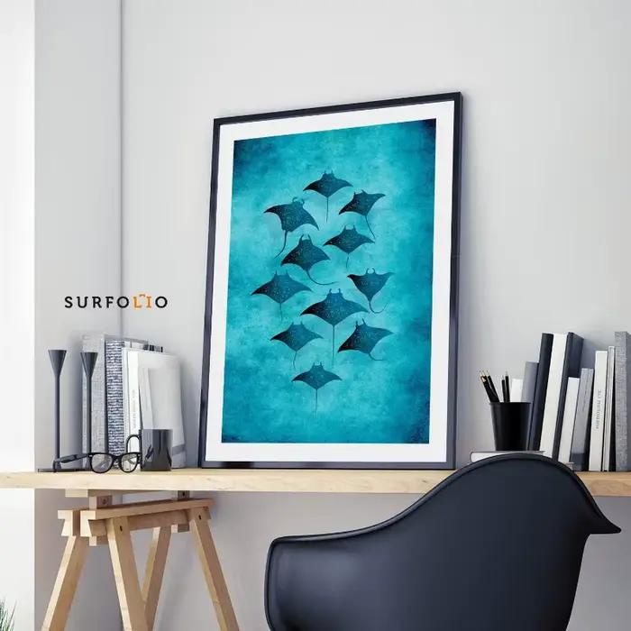 Aquarelle bleue océan organisme marin baleine requin Manta rayons affiche mer plage Surf toile peinture mur Art pour chambre décor à la maison