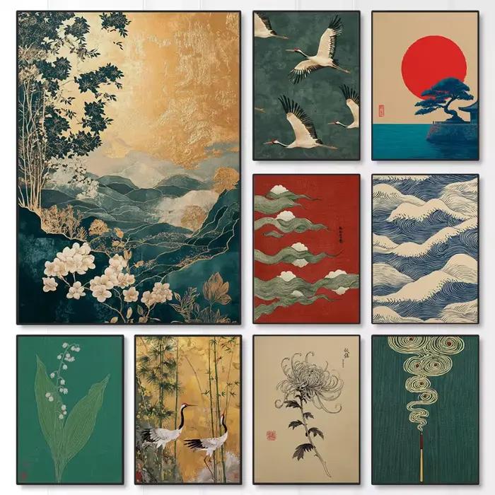 Affiche de paysage Oriental Vintage, soleil et vagues, encens japonais, grue cornée rouge, peinture sur toile, tableau d'art mural, décoration de maison