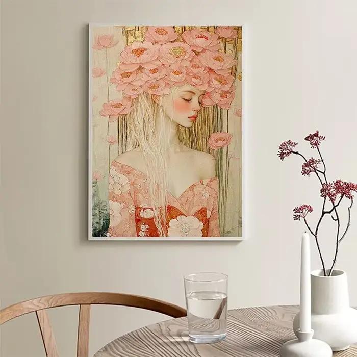 Affiche de femme de beauté avec couronne de pivoine