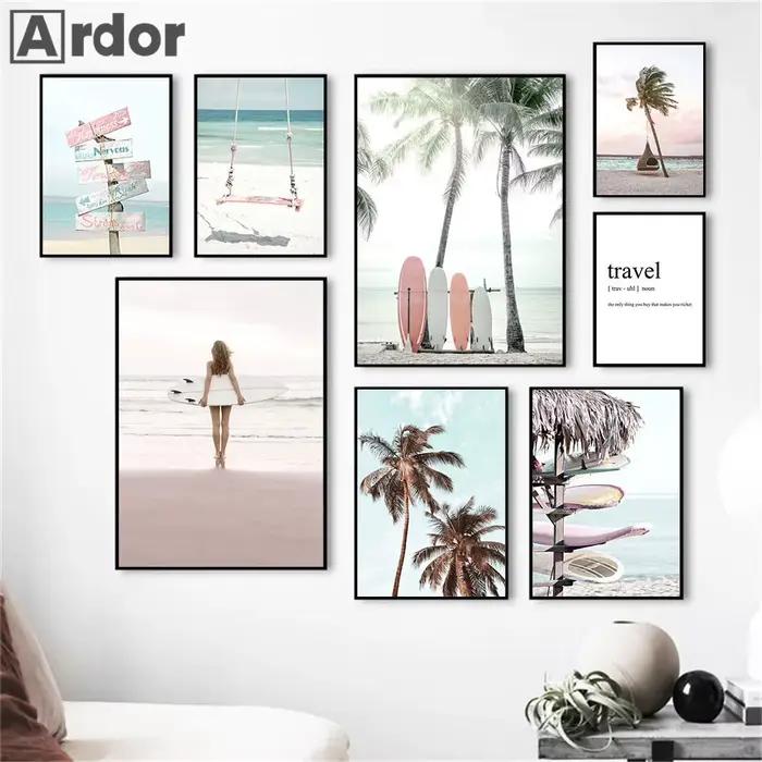 Étoile de mer coquille Surf fille peinture plage palmier planche